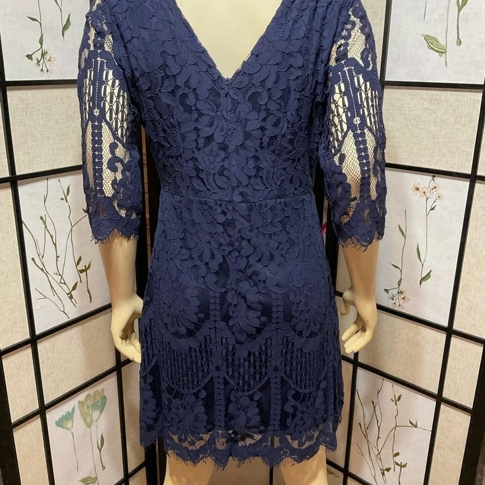 Mslg Navy Blue Lace 3/4 Sleeve Special Occasion Dress - Picture 4 of 10